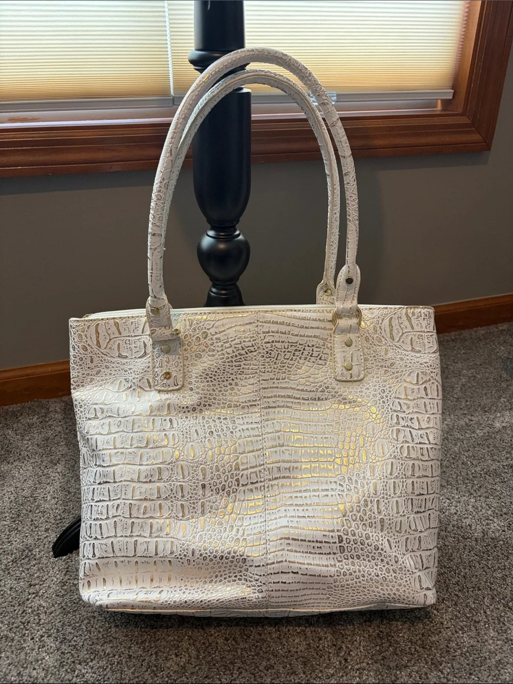 Marc Fisher White Embossed Croc Tote with Gold Hardware